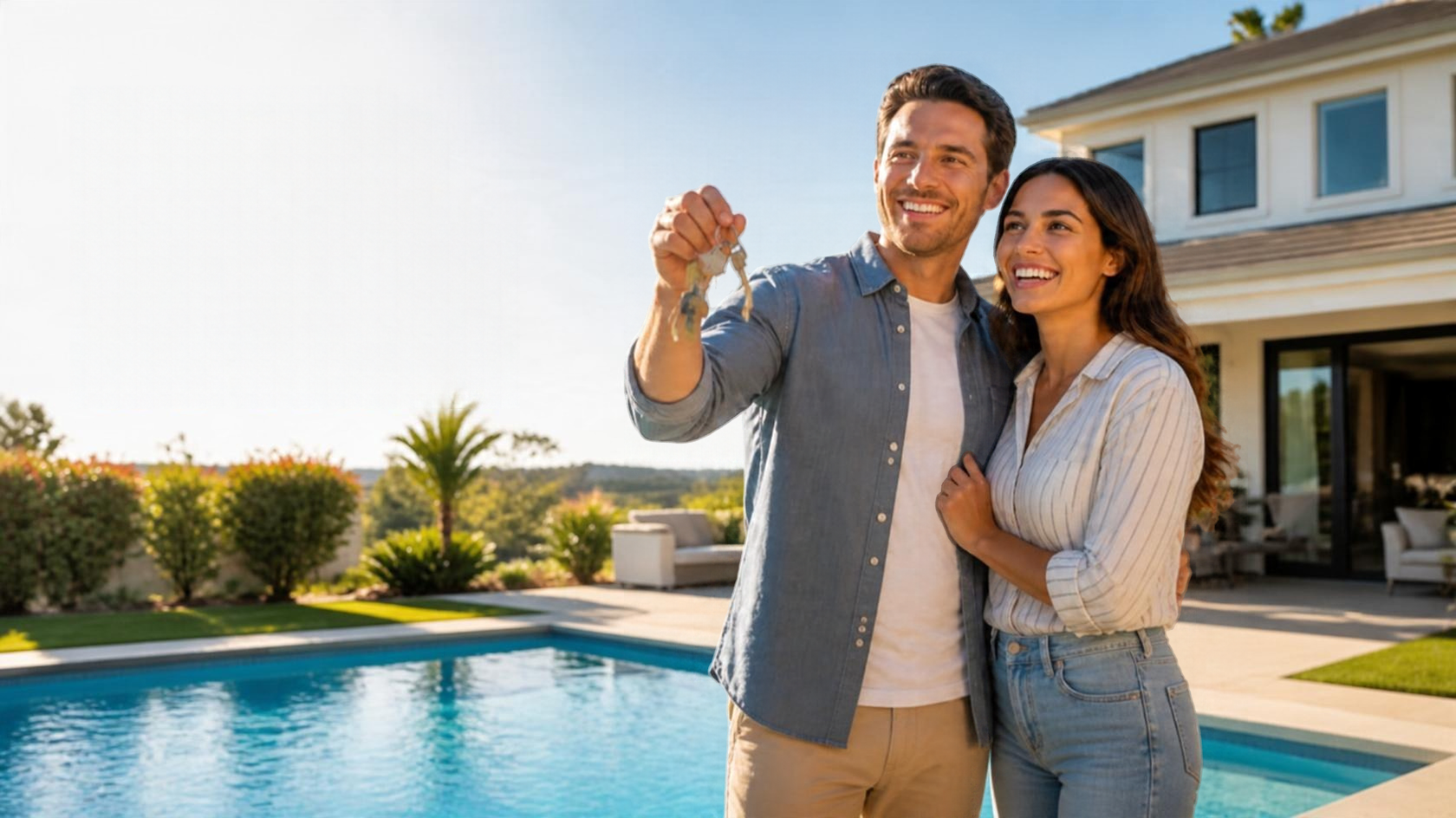 Bought a home with a pool Heres what to do next people in front of pool smiling holding house keys